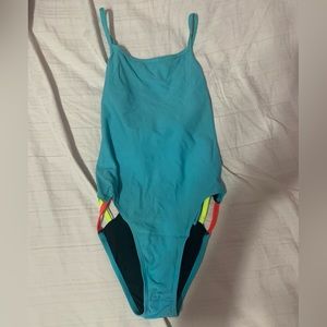 Jolyn training suit, size 28, blue base with yellow and orange side straps